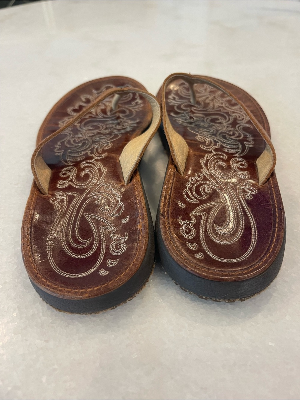 OluKai Paniolo Brown Leather Flip Flop Sandals Shoes 6 - Picture 7 of 7